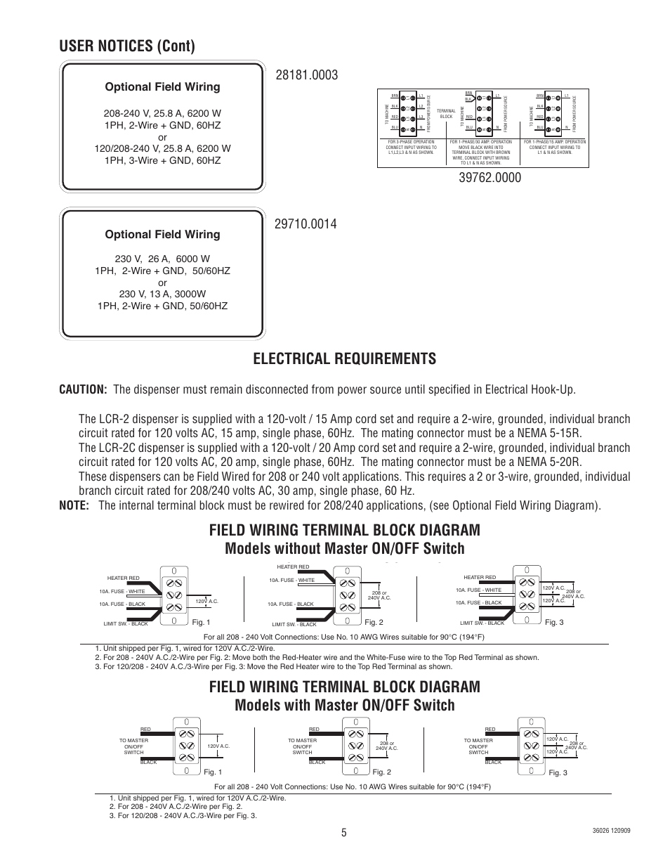 Electrical requirements, User notices (cont), Field wiring terminal block diagram | Optional field wiring | Bunn Electric Brewing System LCR-2 User Manual | Page 5 / 36