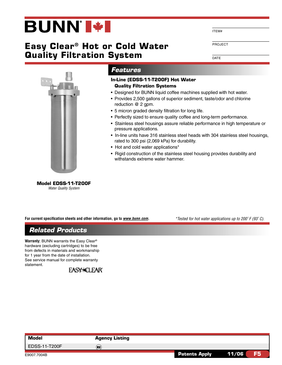Bunn EDSS-11-T200F User Manual | 2 pages