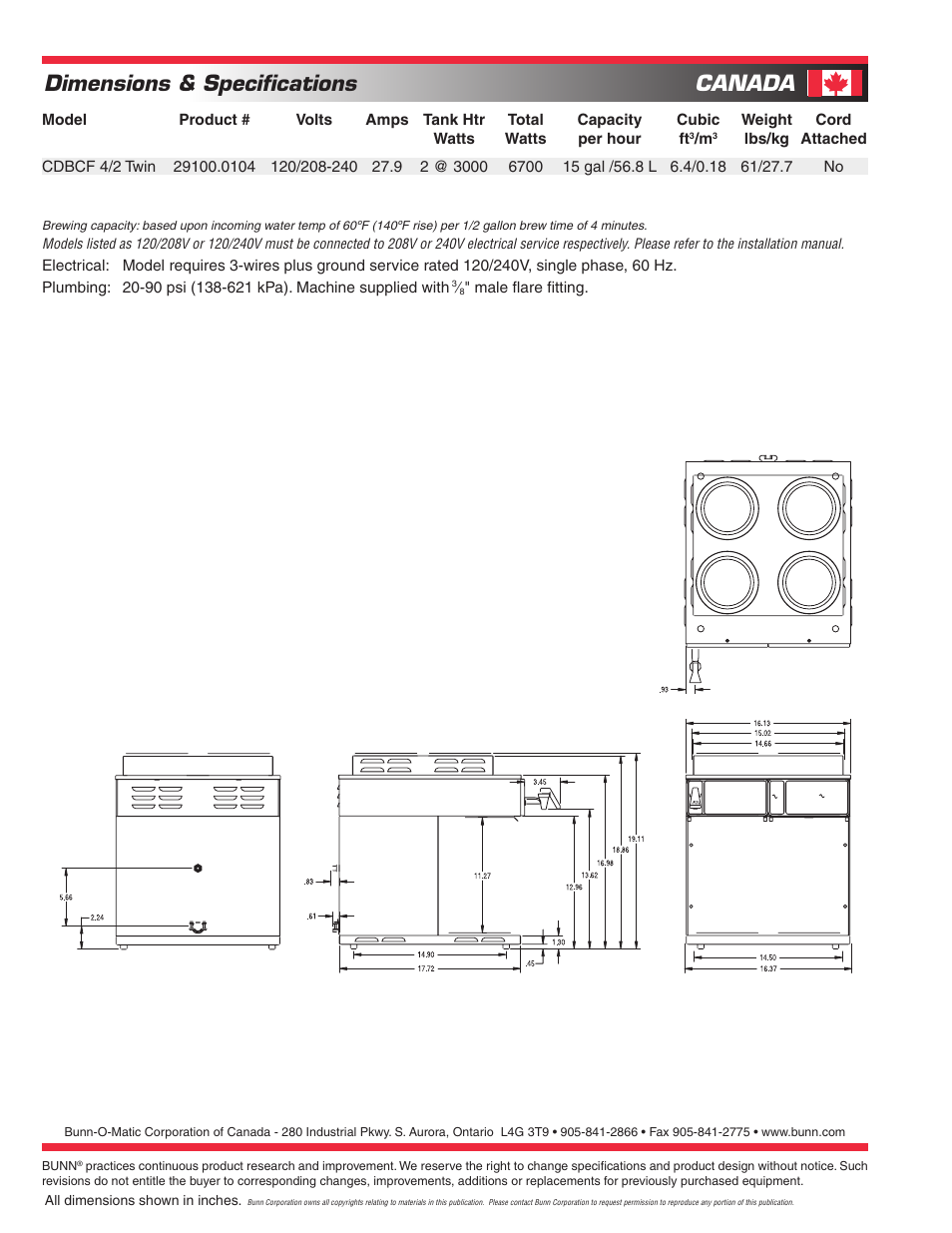 Dimensions & specifications, Canada | Bunn CDBCF User Manual | Page 2 / 2