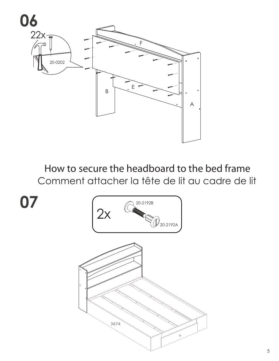 How to secure the headboard to the bed frame, Comment attacher la tête de lit au cadre de lit | Nexera Vichy Collection - Full Size Headboard (3653) User Manual | Page 5 / 8