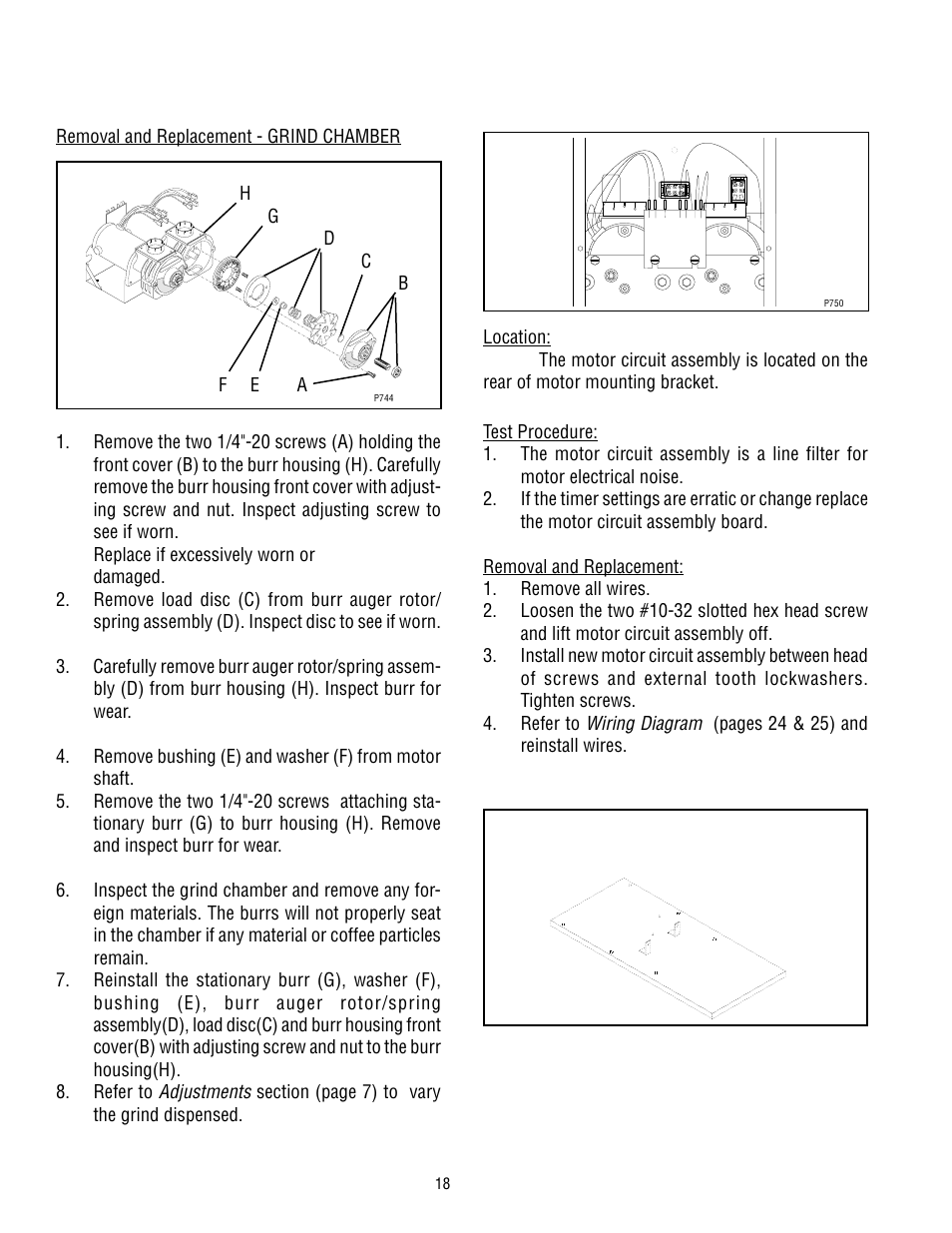 Service (cont.), Adjustments, Wiring diagram | Pages 24 & 25) and reinstall wires | Bunn WDG-2 User Manual | Page 18 / 28