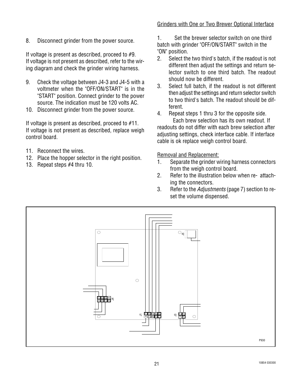 Service (cont.), Adjustments | Bunn WDG-2 User Manual | Page 21 / 28