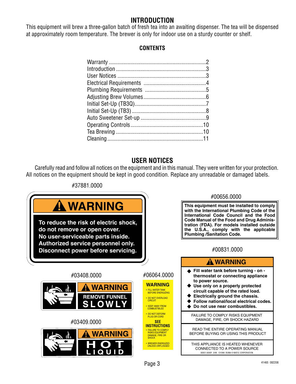 Warning, Introduction, User notices | Page 3 | Bunn TB3Q User Manual | Page 3 / 11