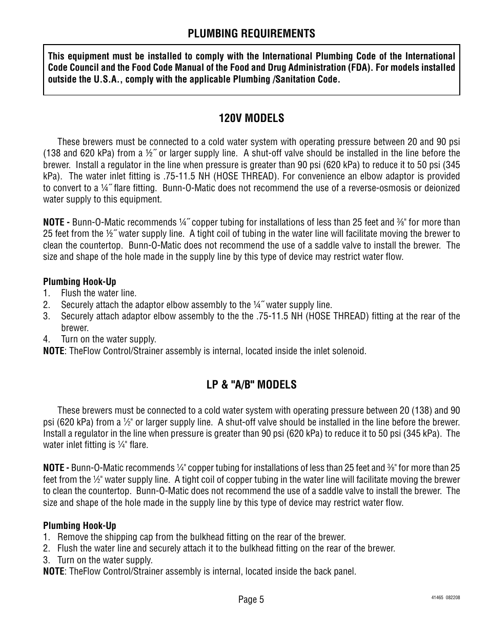 120v models, Plumbing requirements, Lp & "a/b" models | Bunn TB3Q User Manual | Page 5 / 11