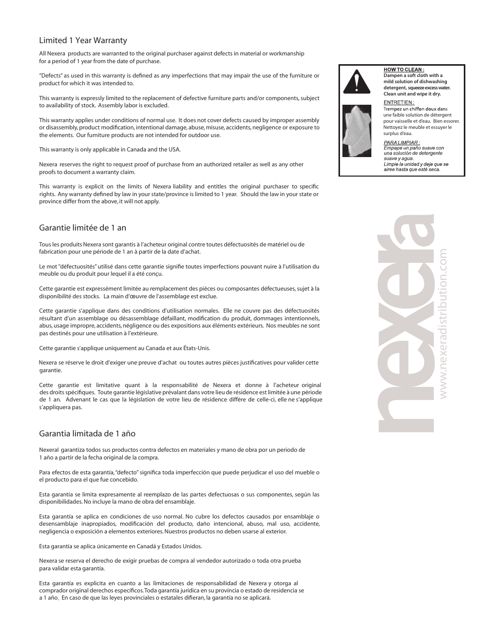 W.ne xer adistr ibution.c om, Garantie limitée de 1 an, Garantia limitada de 1 año | Limited 1 year warranty | Nexera Nuance Collection - Wall Storage Unit (102637) User Manual | Page 8 / 8