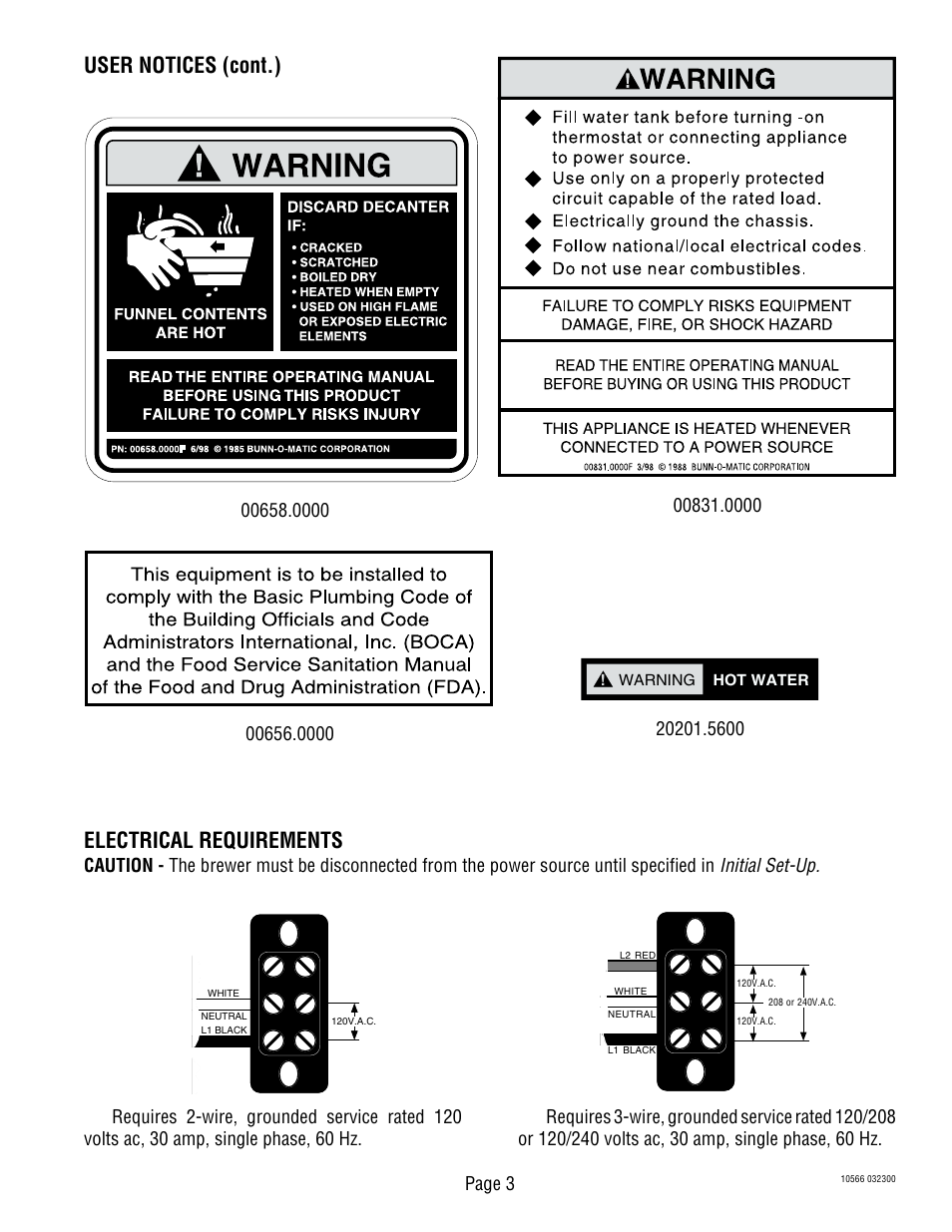 User notices (cont.) electrical requirements, Initial set-up, Page 3 | Bunn DUAL User Manual | Page 3 / 8