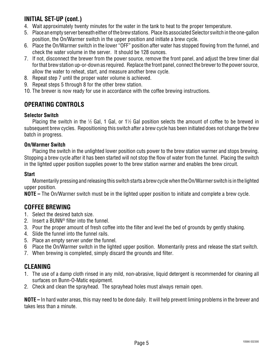 Initial set-up (cont.), Operating controls, Coffee brewing | Cleaning | Bunn DUAL User Manual | Page 5 / 8
