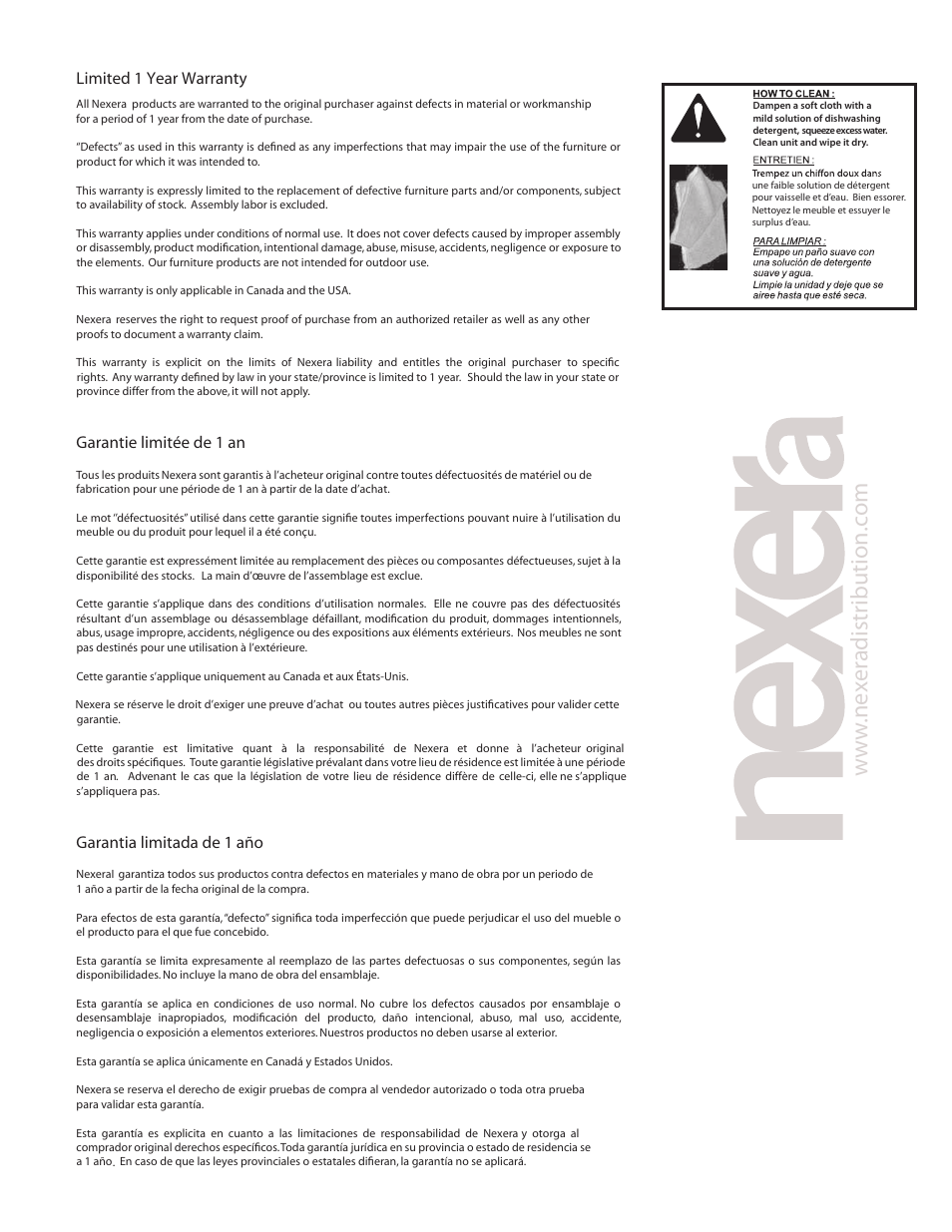 W.n ex er adist ribution. com, Garantie limitée de 1 an, Garantia limitada de 1 año | Limited 1 year warranty | Nexera Allure Collection - Decorative Wall Panel (220530) User Manual | Page 5 / 5