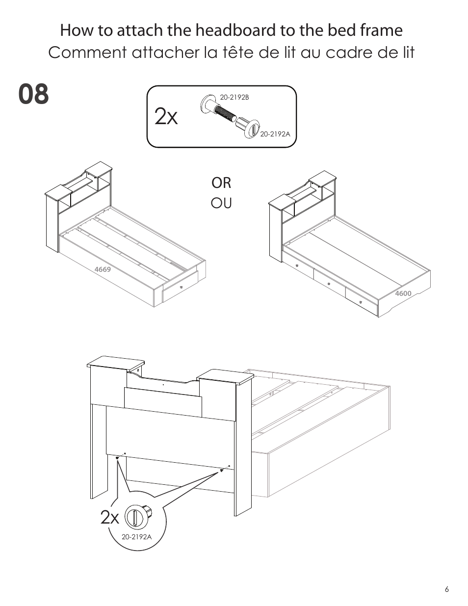 How to attach the headboard to the bed frame, Comment attacher la tête de lit au cadre de lit or | Nexera Pocono Collection - Twin Size Headboard (4638) User Manual | Page 6 / 9