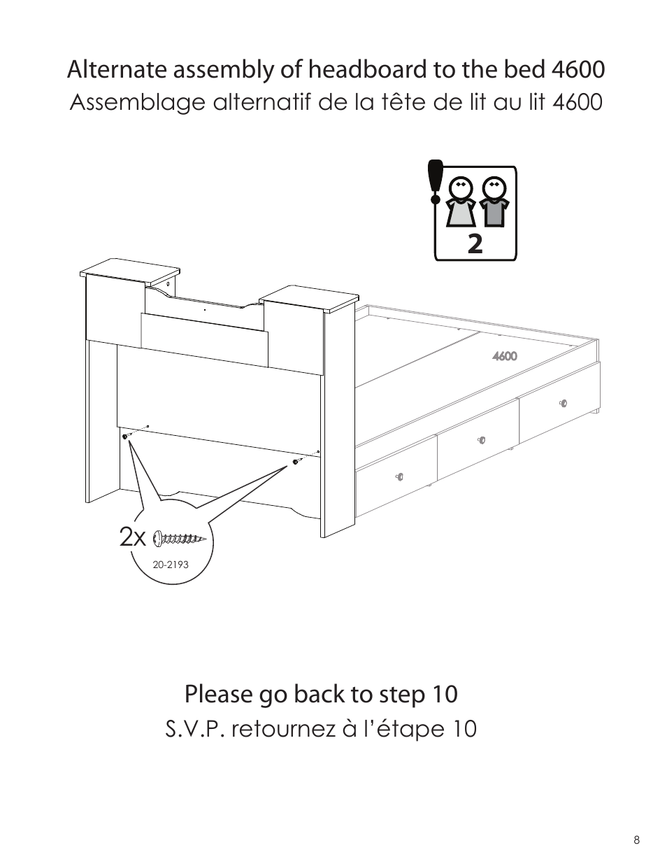 Alternate assembly of headboard to the bed 4600, Please go back to step 10 | Nexera Pocono Collection - Twin Size Headboard (4638) User Manual | Page 8 / 9