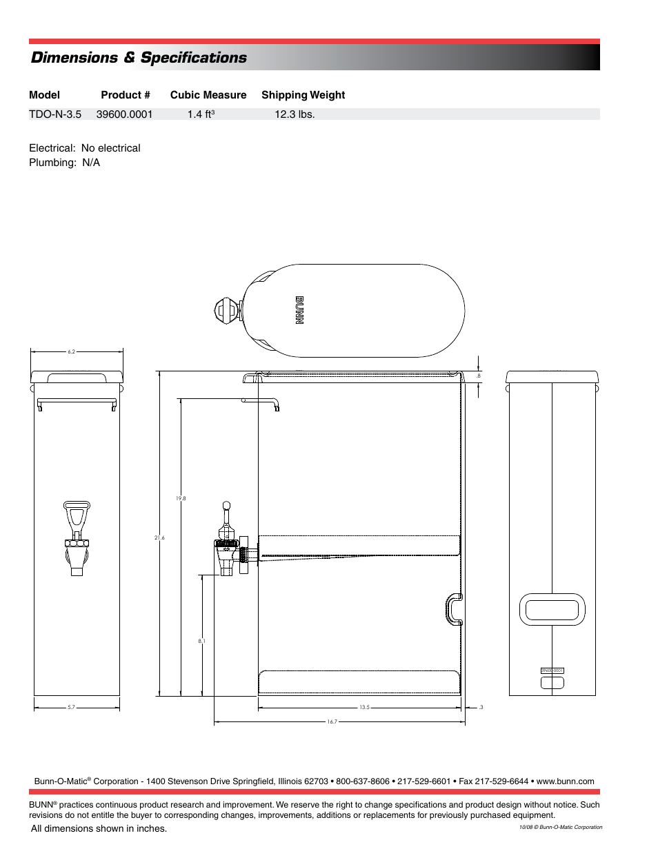 Dimensions & specifications, 3 lbs. electrical: no electrical plumbing: n/a | Bunn TDO-N-3.5 User Manual | Page 2 / 2