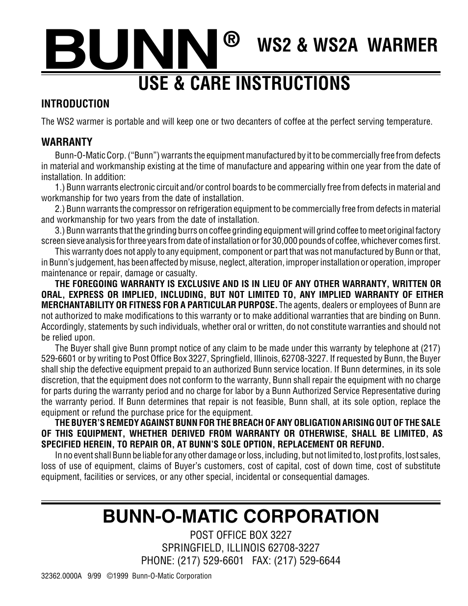Bunn WS2A User Manual | 2 pages