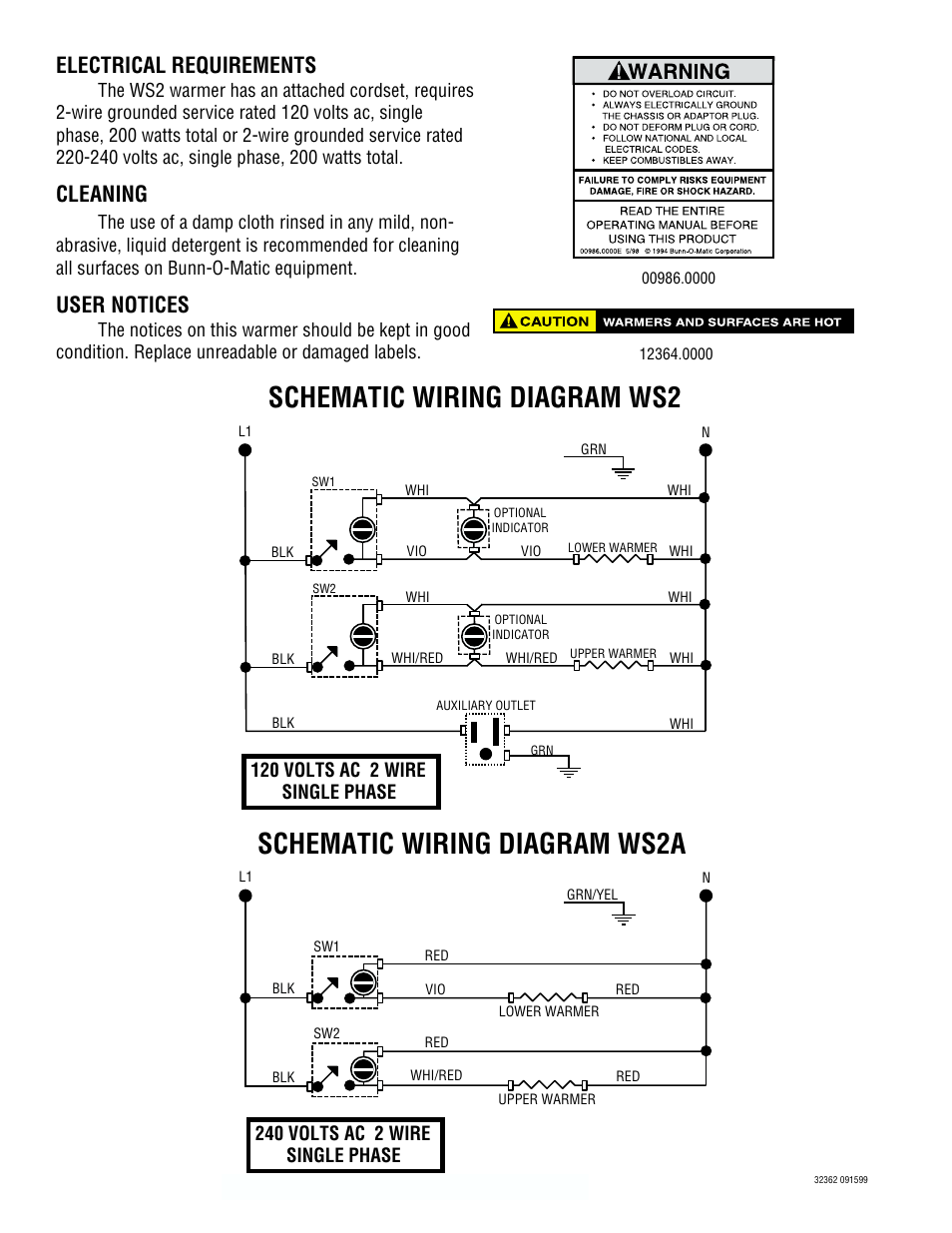 Schematic wiring diagram ws2a, Schematic wiring diagram ws2, Electrical requirements | Cleaning, User notices, 240 volts ac 2 wire single phase, 120 volts ac 2 wire single phase | Bunn WS2A User Manual | Page 2 / 2