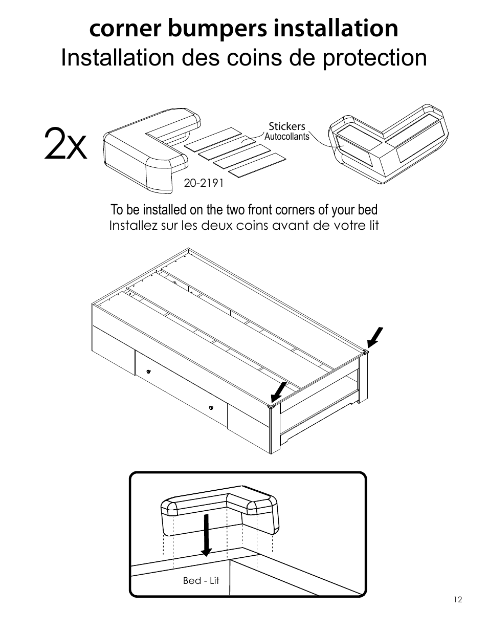 Corner bumpers installation, Installation des coins de protection | Nexera Dixon Collection - Twin Size Bed (327917) User Manual | Page 12 / 13