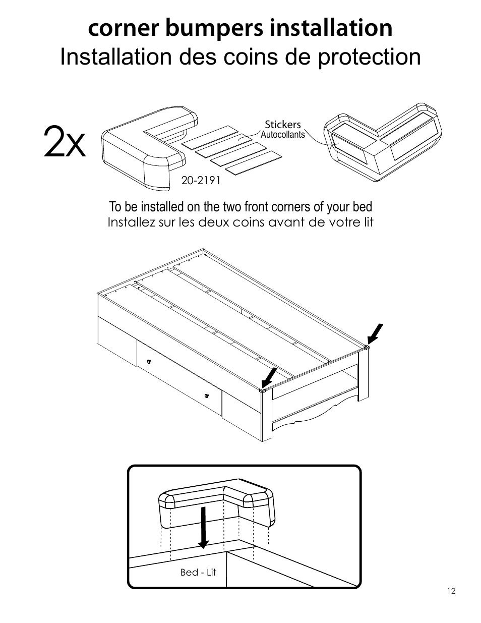 Corner bumpers installation, Installation des coins de protection | Nexera Dixie Collection - Twin Size Bed (317903) User Manual | Page 12 / 13