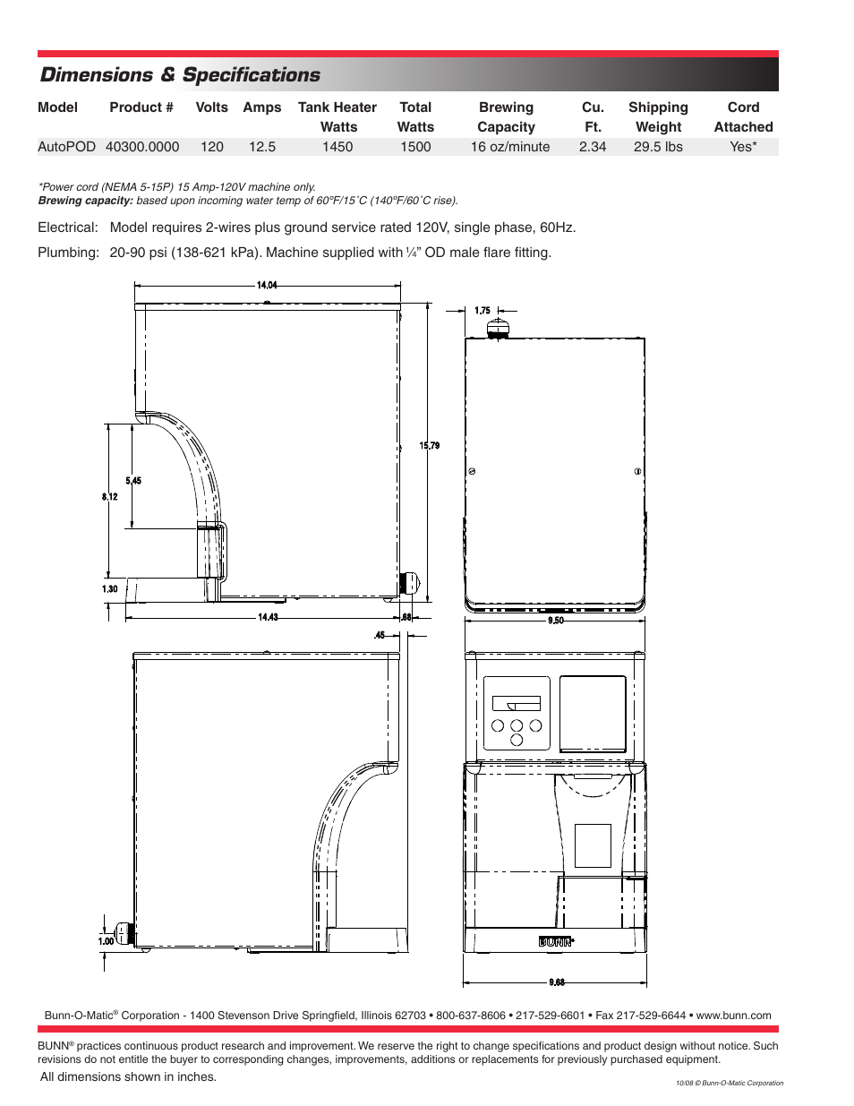 Dimensions & specifications | Bunn AutoPOD User Manual | Page 2 / 2