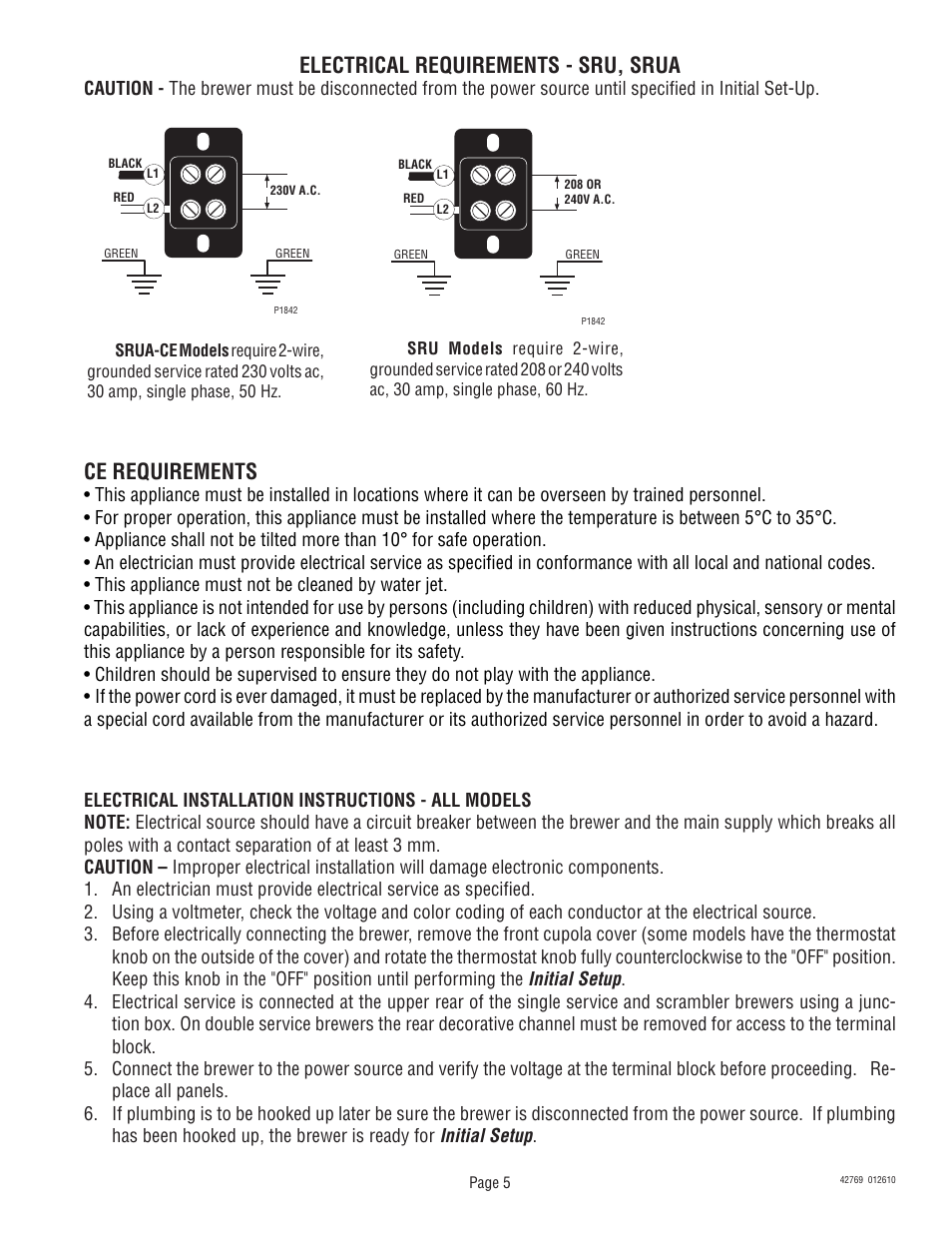 Electrical requirements - sru, srua, Ce requirements | Bunn U3/SRU User Manual | Page 5 / 9