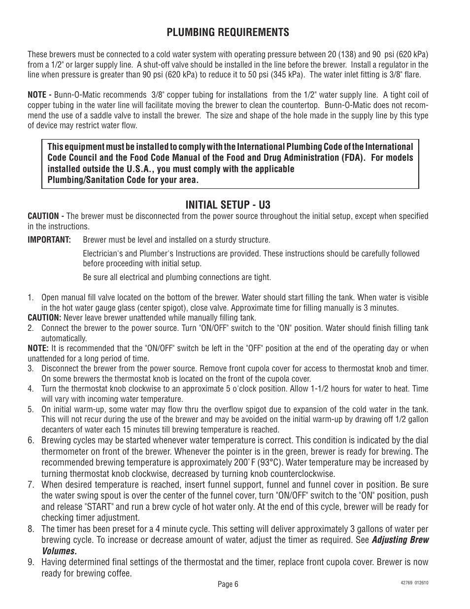 Initial setup - u3, Plumbing requirements | Bunn U3/SRU User Manual | Page 6 / 9