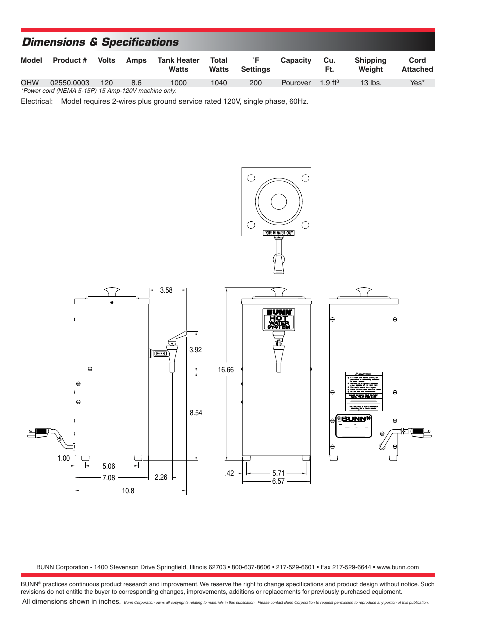 Dimensions & speciﬁcations | Bunn OHW User Manual | Page 2 / 2