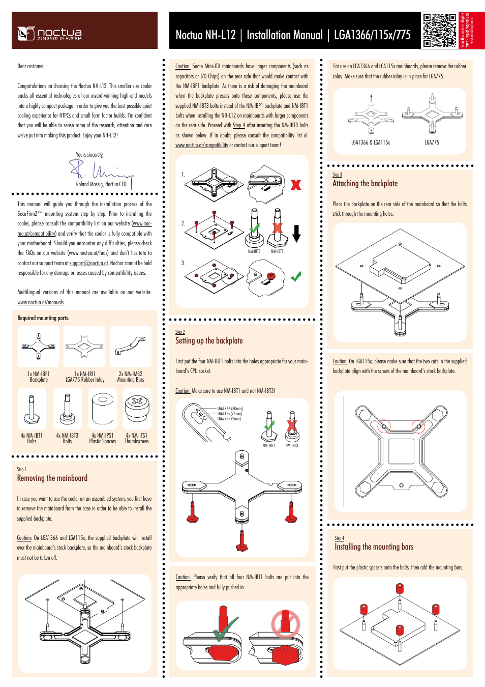 Installing the mounting bars, Attaching the backplate, Setting up the backplate removing the mainboard | Noctua NH-L12 User Manual | Page 2 / 4
