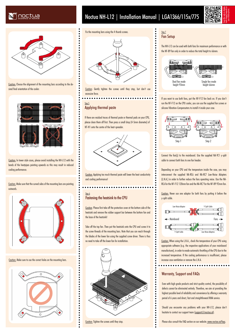 Applying thermal paste, Fastening the heatsink to the cpu, Warranty, support and faqs | Fan setup | Noctua NH-L12 User Manual | Page 3 / 4