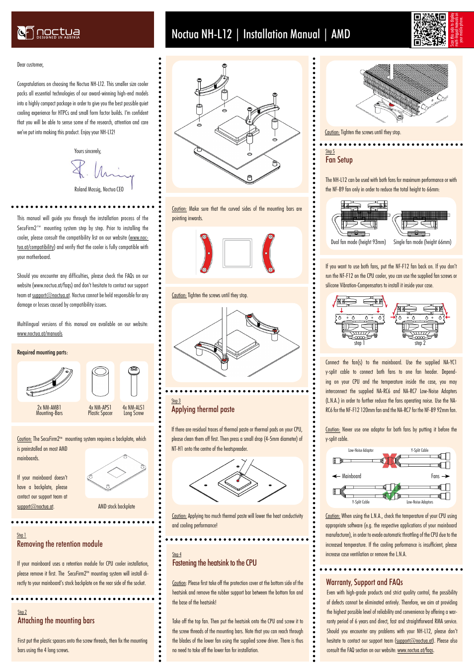 Noctua nh-l12 | installation manual | amd, Removing the retention module, Fan setup | Applying thermal paste, Warranty, support and faqs, Fastening the heatsink to the cpu, Attaching the mounting bars | Noctua NH-L12 User Manual | Page 4 / 4