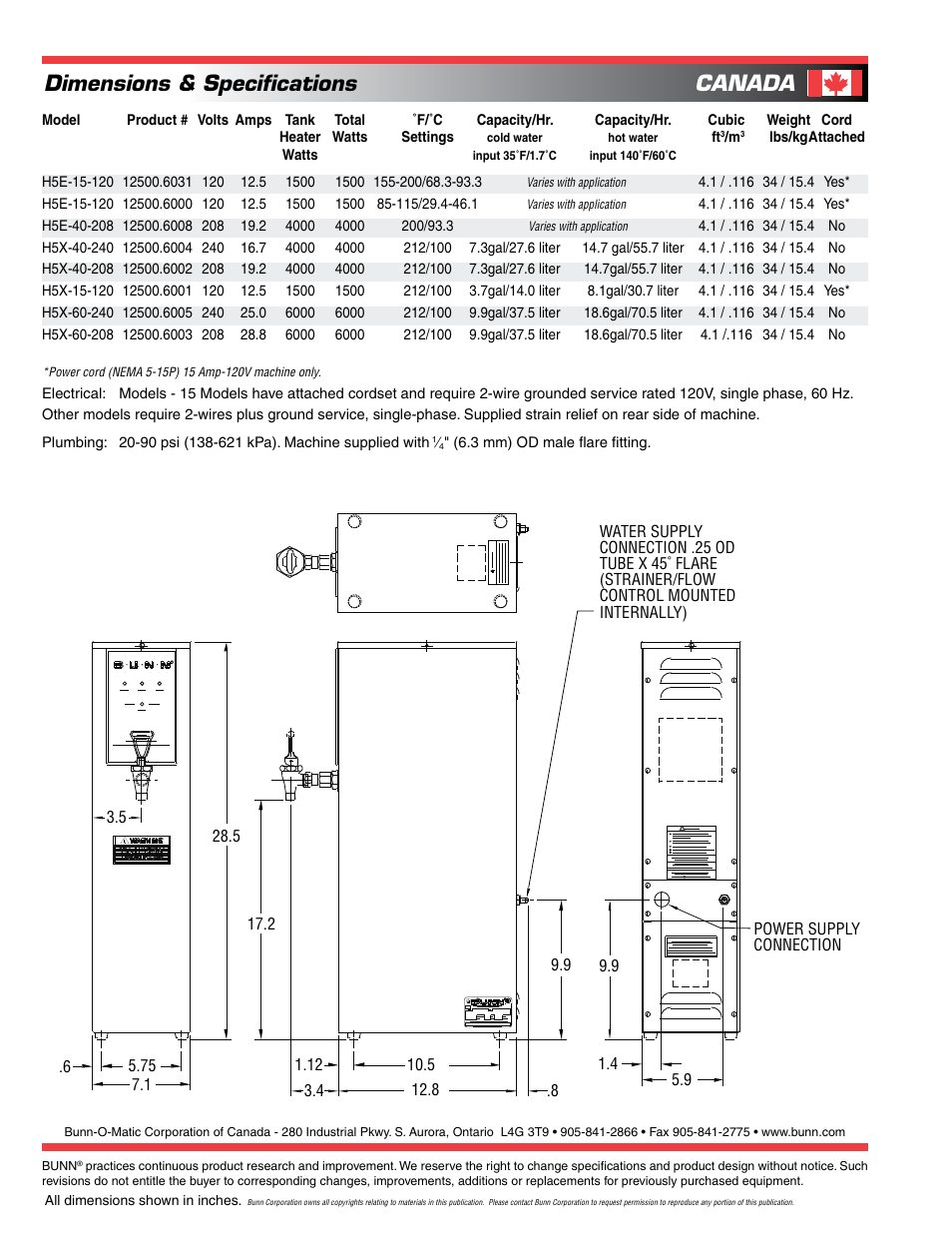 Dimensions & specifications, Canada | Bunn H5E User Manual | Page 2 / 2