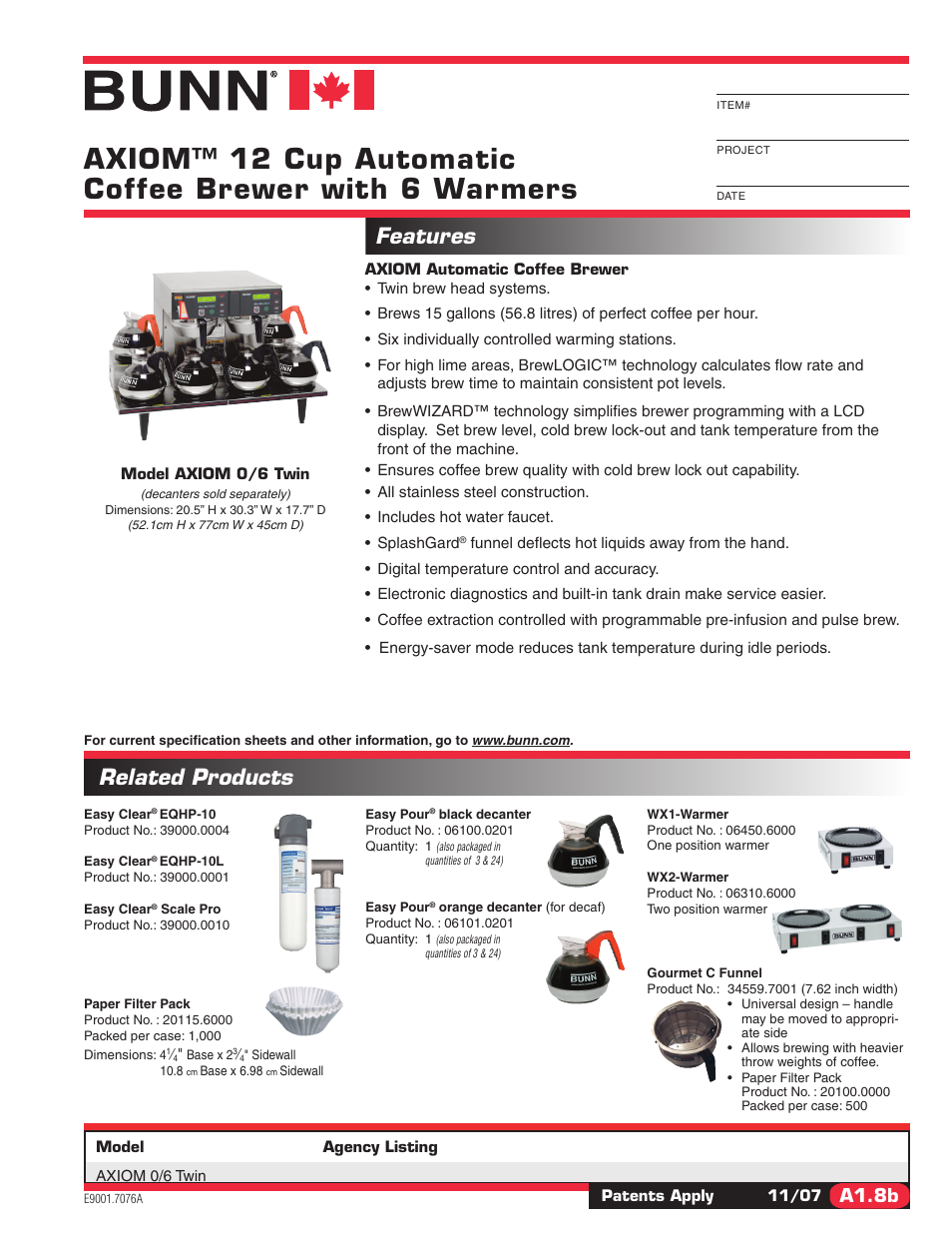 Bunn AXIOM 0/6 User Manual | 2 pages