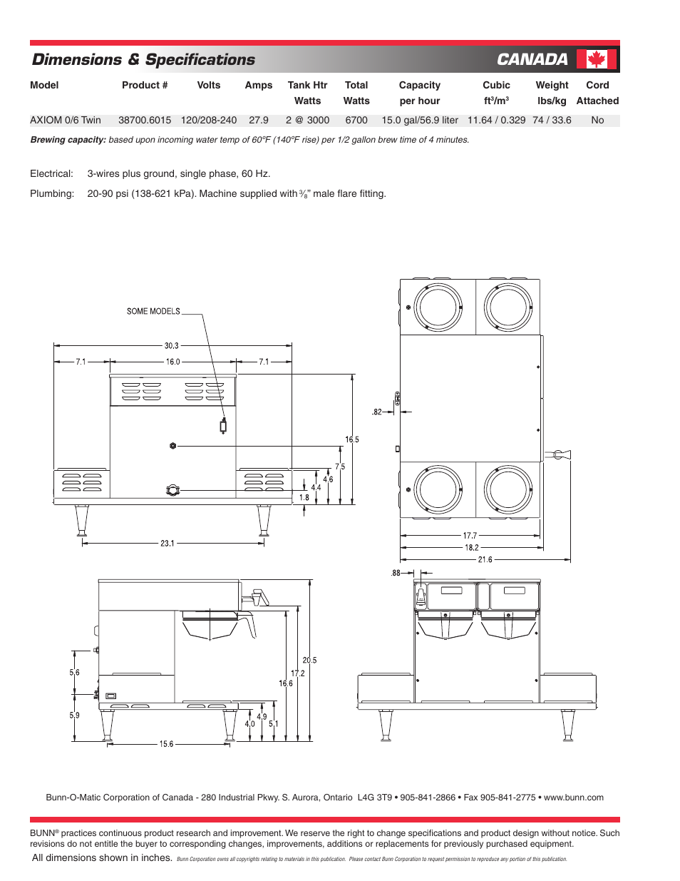 Dimensions & specifications, Canada | Bunn AXIOM 0/6 User Manual | Page 2 / 2