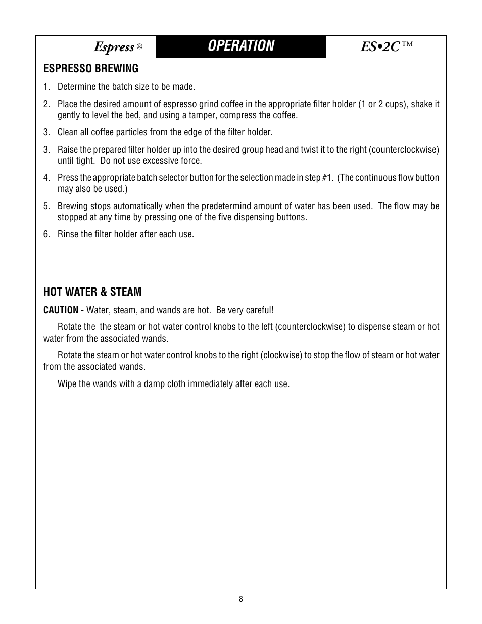 Bunn espress, Es•2c, Operation | Bunn ES.2C User Manual | Page 8 / 17