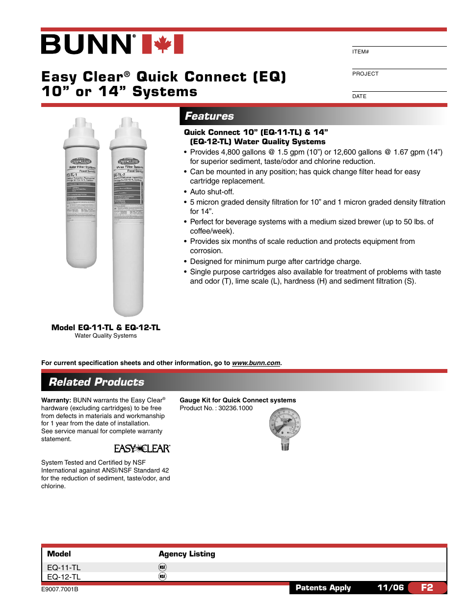 Bunn EASY CLEAR EQ-11-TL User Manual | 2 pages