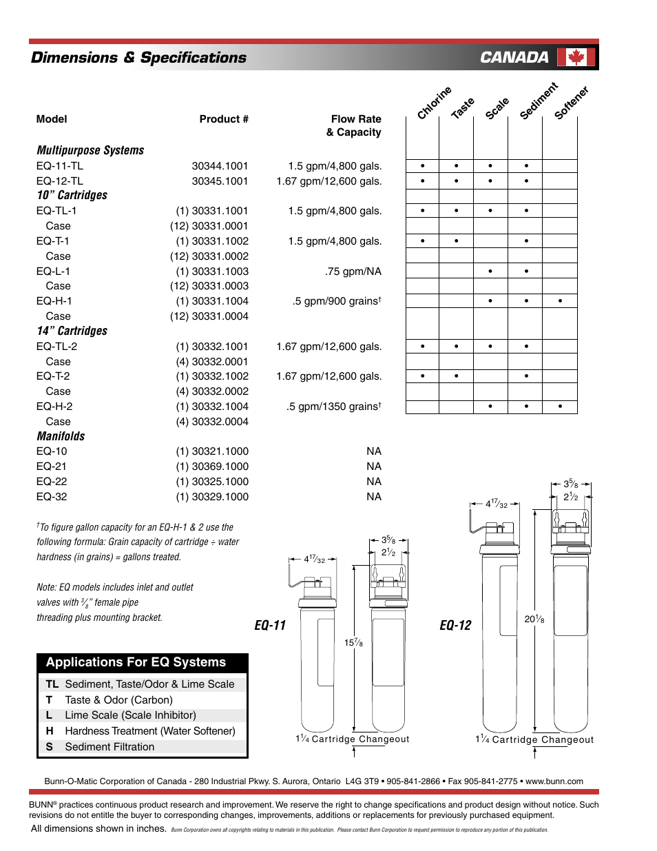 Dimensions & speciﬁcations, Canada, Applications for eq systems | Eq-12 eq-11 | Bunn EASY CLEAR EQ-11-TL User Manual | Page 2 / 2