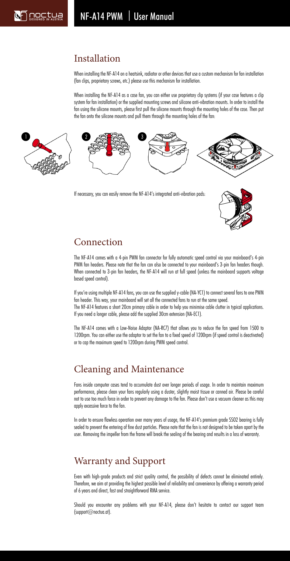 Installation, Connection, Nf-a14 pwm | user manual cleaning and maintenance | Warranty and support | Noctua NF-A14 PWM User Manual | Page 2 / 2