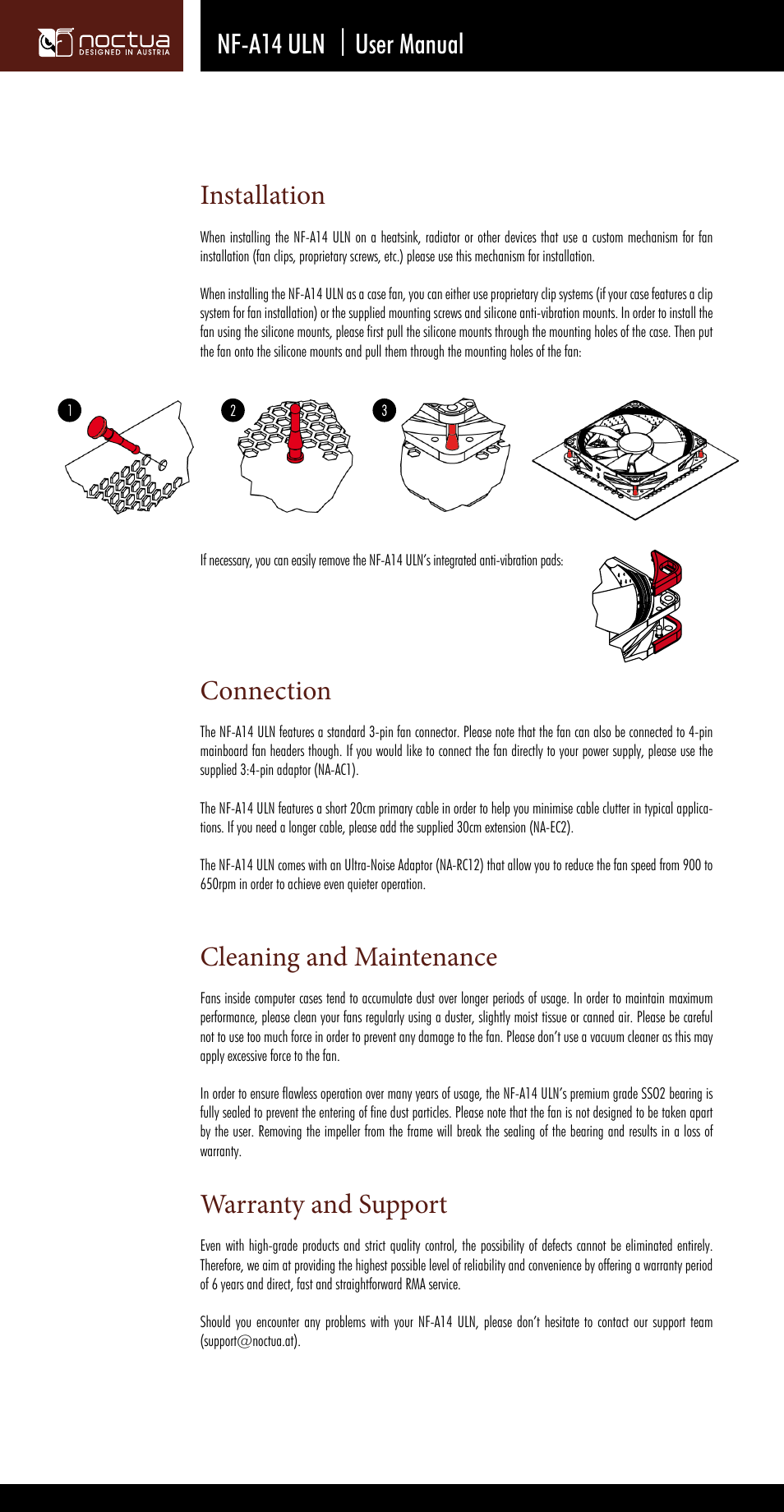 Installation, Connection, Nf-a14 uln | user manual cleaning and maintenance | Warranty and support | Noctua NF-A14 ULN User Manual | Page 2 / 2