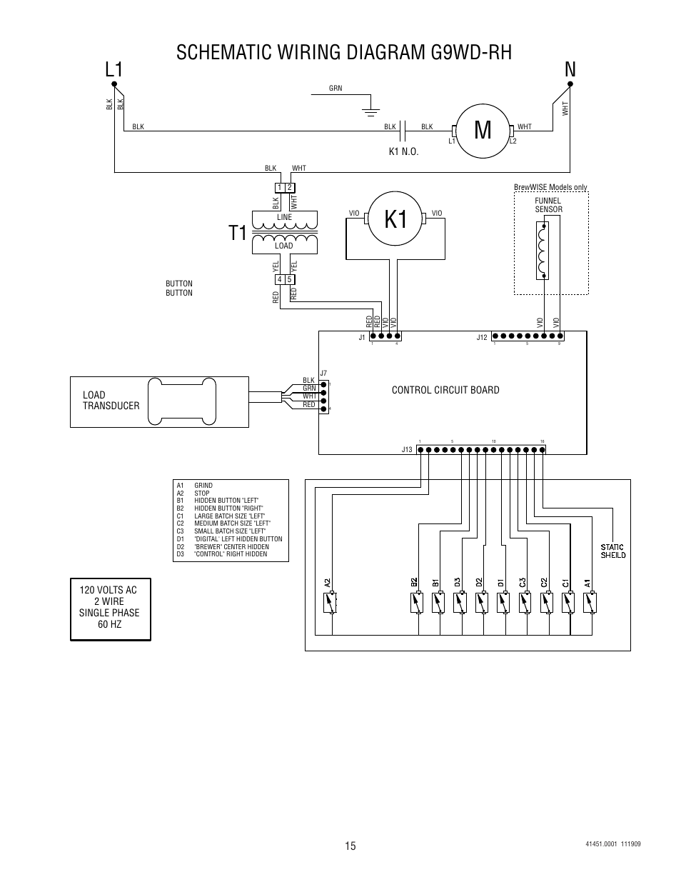 L1 n, Schematic wiring diagram g9wd-rh | Bunn G9WD-RH User Manual | Page 15 / 15