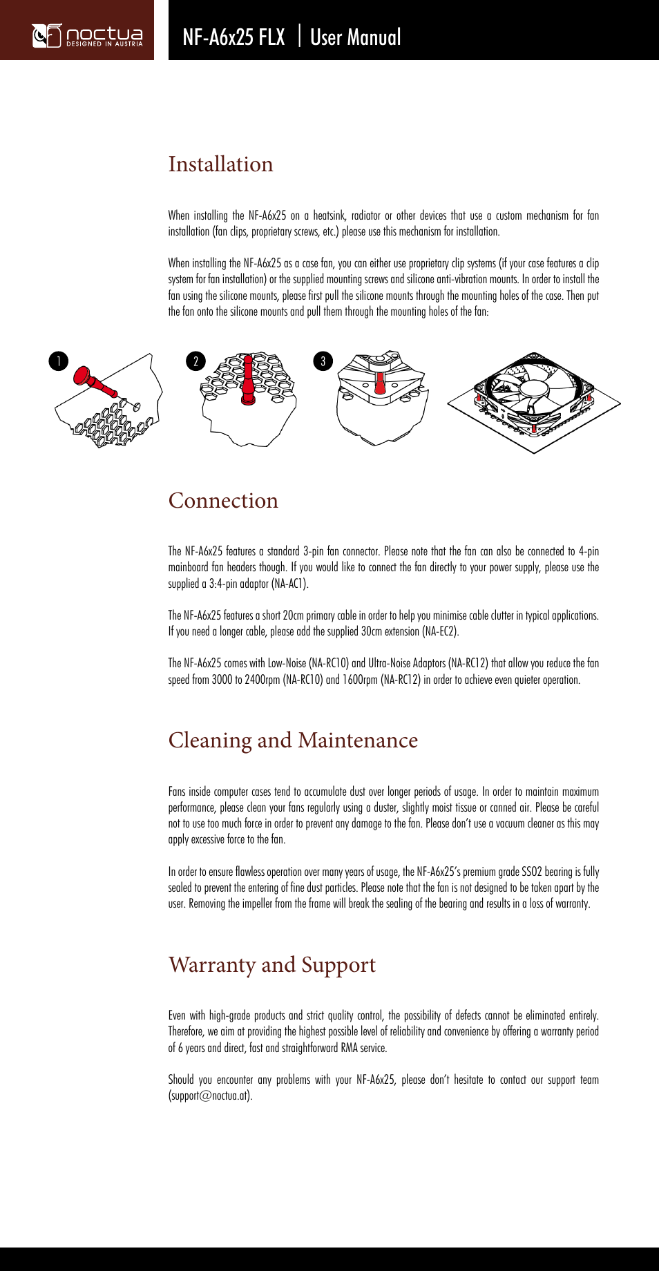 Installation, Connection, Warranty and support | Noctua NF-A6x25 FLX User Manual | Page 2 / 2