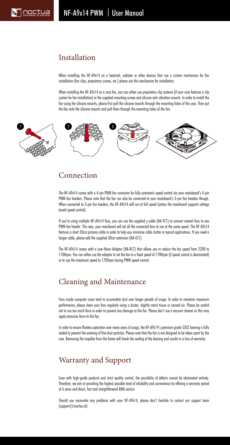 Installation, Connection, Warranty and support | Noctua NF-A9x14 PWM User Manual | Page 2 / 2