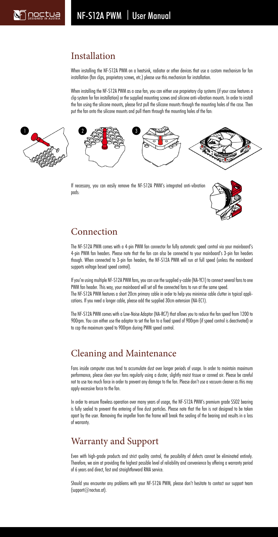 Installation, Connection, Nf-s12a pwm | user manual cleaning and maintenance | Warranty and support | Noctua NF-S12A PWM User Manual | Page 2 / 2
