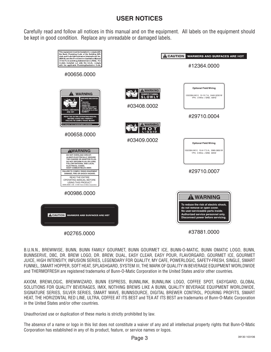 User notices | Bunn Axiom Series User Manual | Page 3 / 26