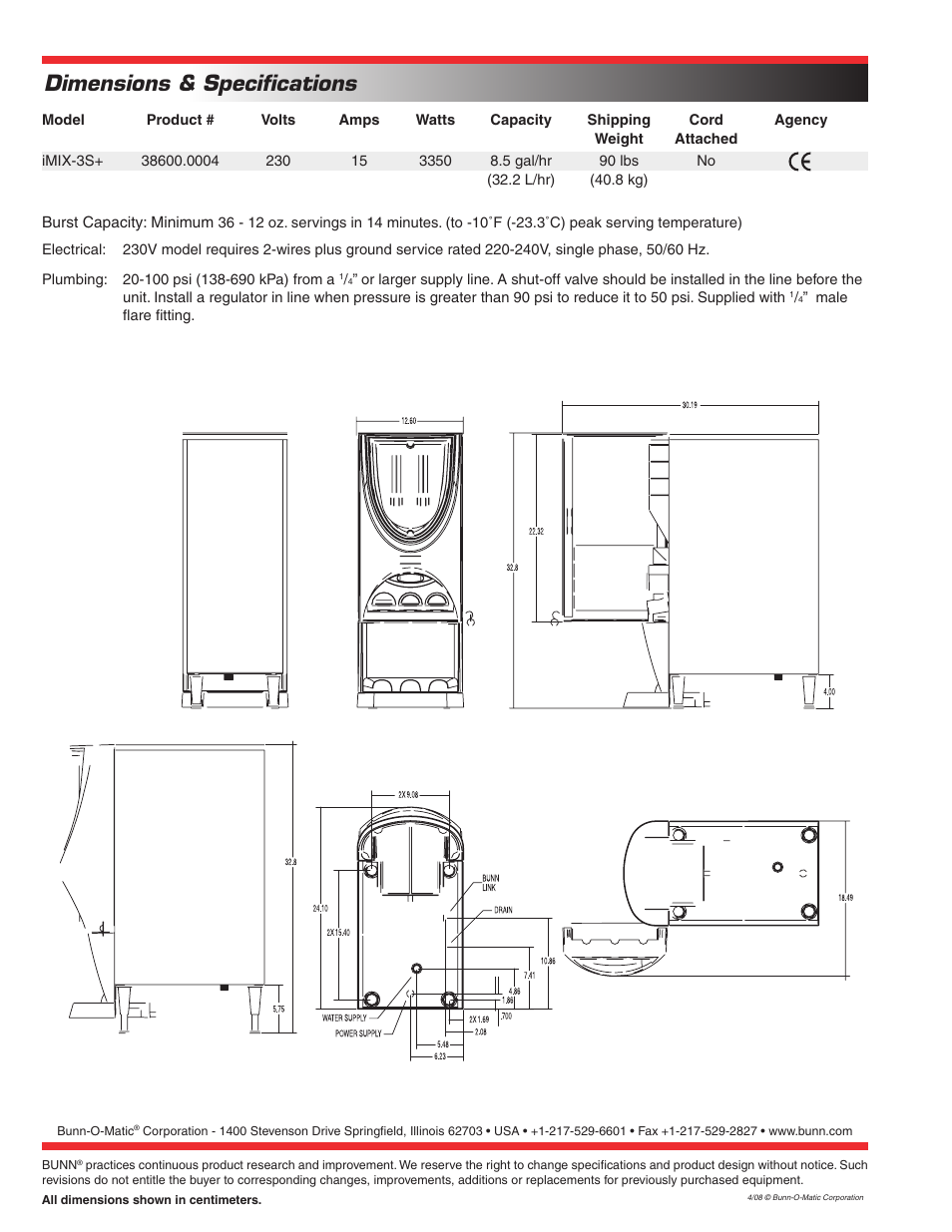 Dimensions & specifications | Bunn IMIX 3S+ User Manual | Page 2 / 2