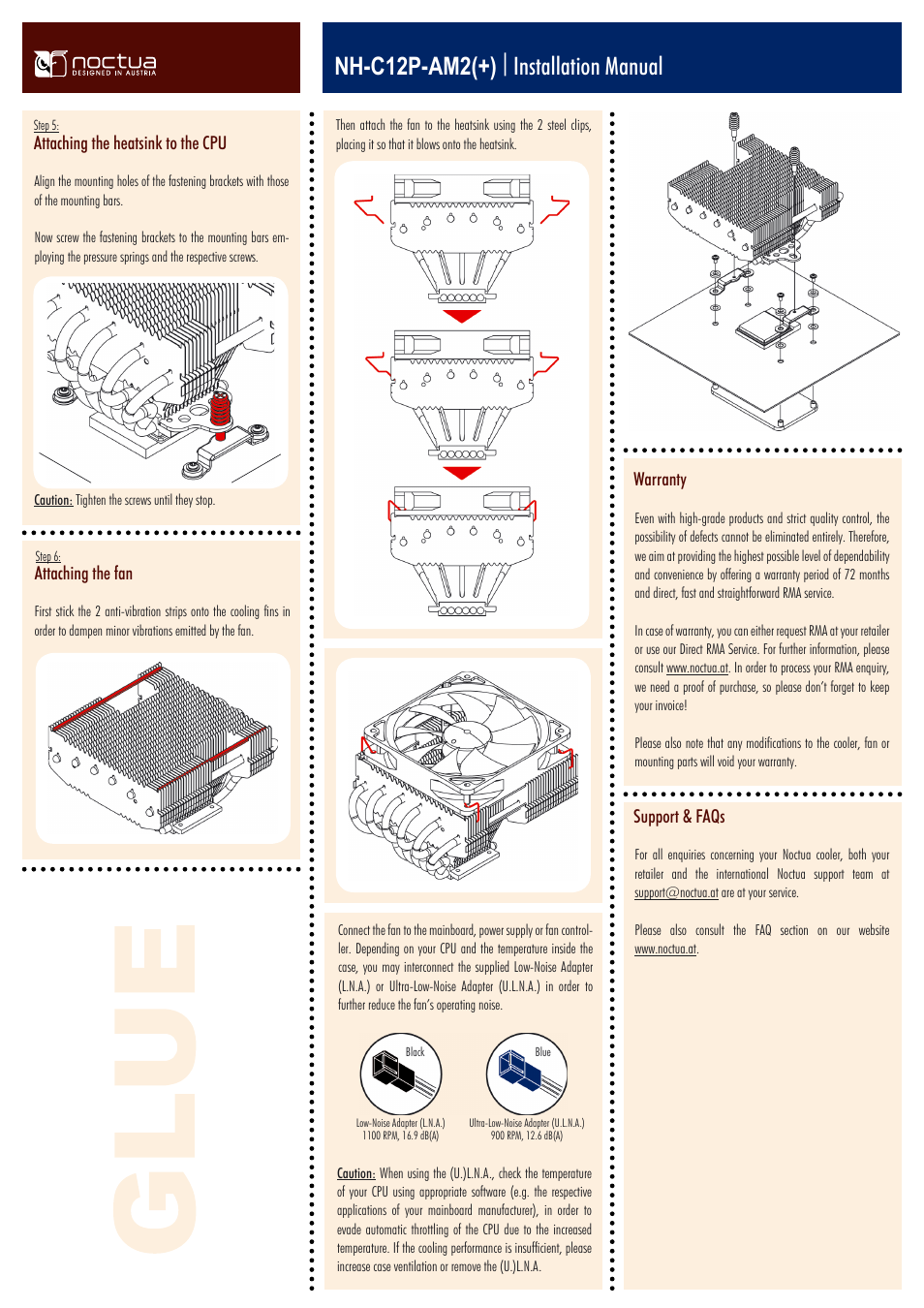 Nh-c12p-am2(+) | installation manual, Attaching the fan, Attaching the heatsink to the cpu | Warranty, Support & faqs | Noctua NH-C12P User Manual | Page 4 / 4