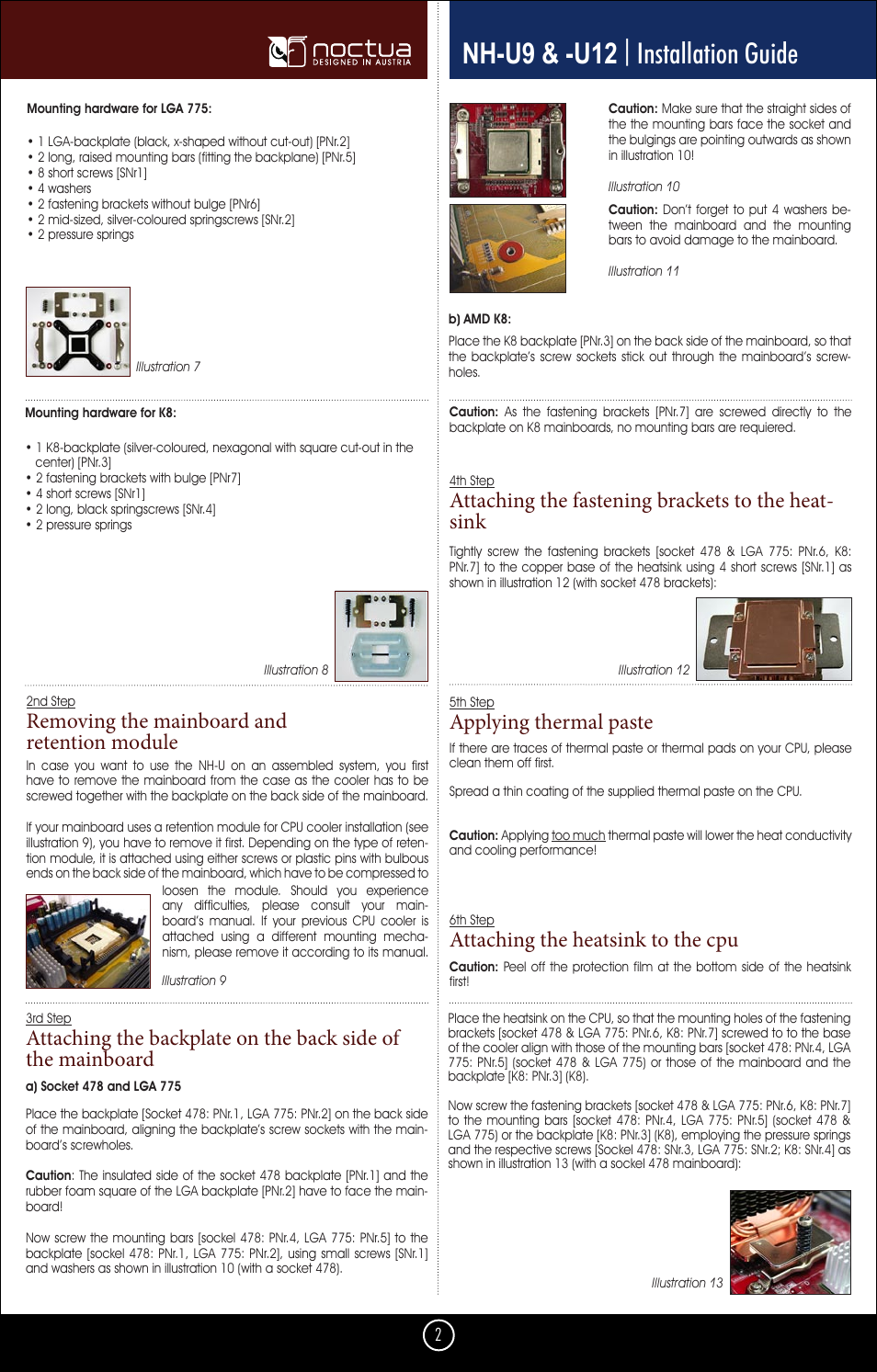 Nh-u9 & -u12 | installation guide, Removing the mainboard and retention module, Attaching the fastening brackets to the heat- sink | Applying thermal paste, Attaching the heatsink to the cpu | Noctua NH-U9 User Manual | Page 2 / 3