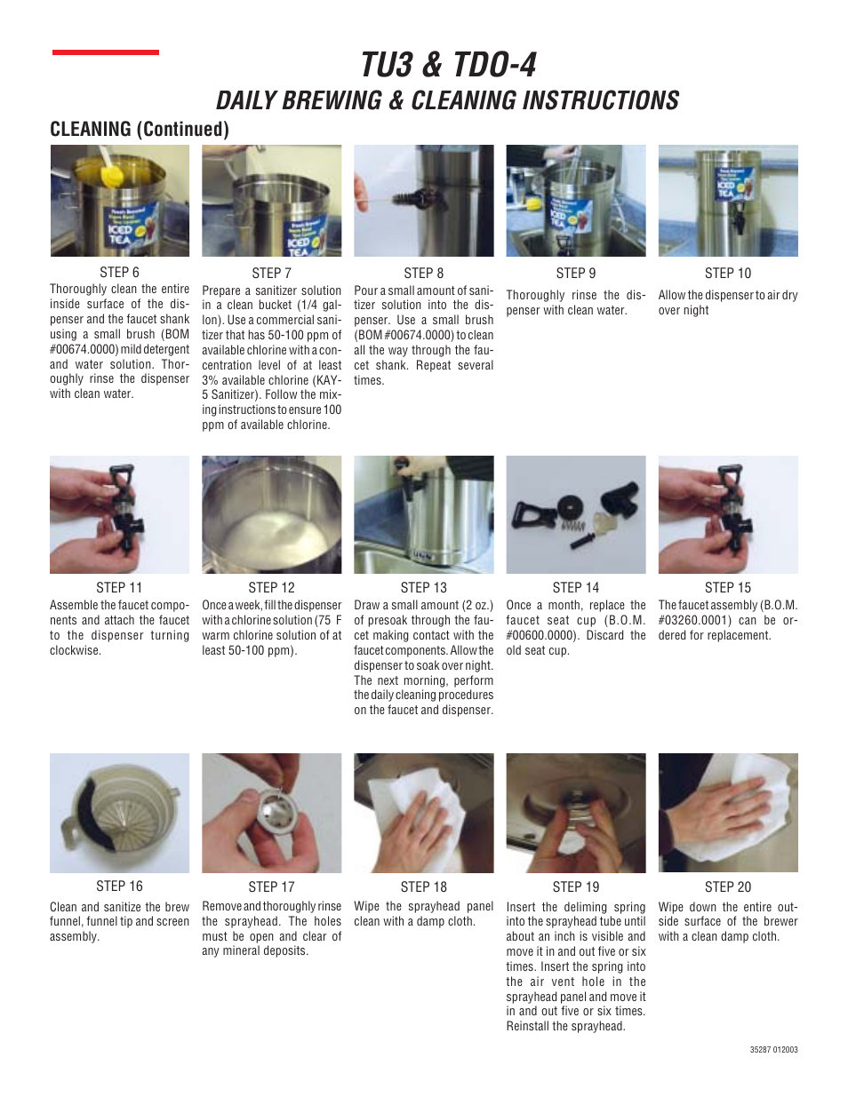 Tu3 & tdo-4, Bunn, Daily brewing & cleaning instructions | Cleaning (continued) | Bunn BEVERAGES TU3 User Manual | Page 2 / 2