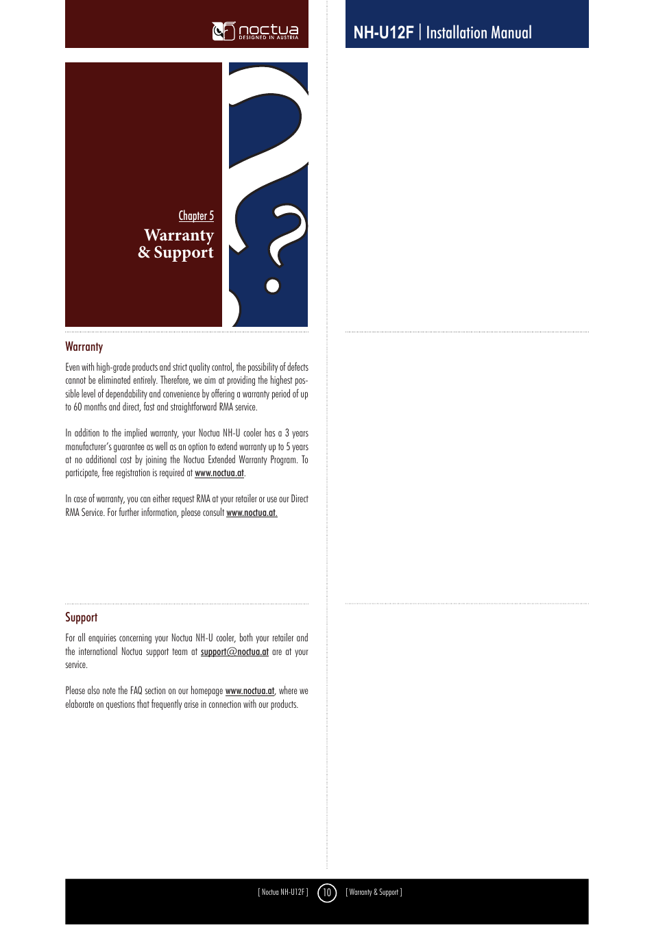 Warranty & support, Nh-u12f | installation manual | Noctua NH-U9F User Manual | Page 10 / 10