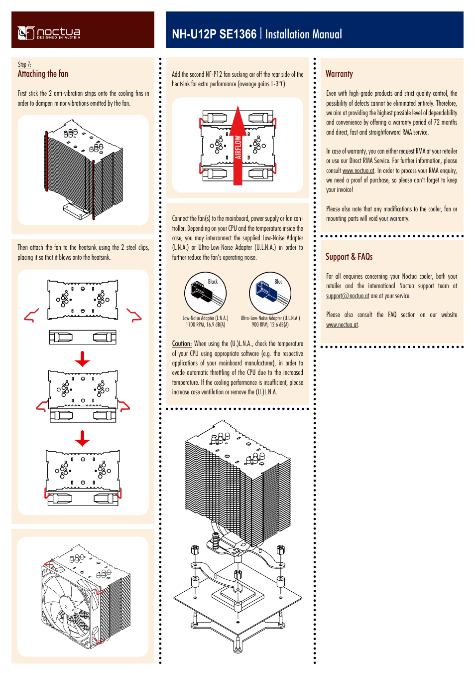 Attaching the fan, Warranty, Support & faqs | Noctua NH-U12P SE1366 User Manual | Page 2 / 2