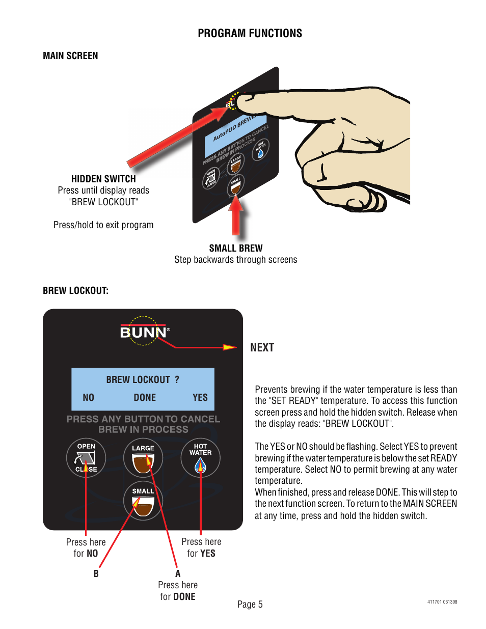 Program functions, Next | Bunn Autopod Brewer 411701 User Manual | Page 5 / 9