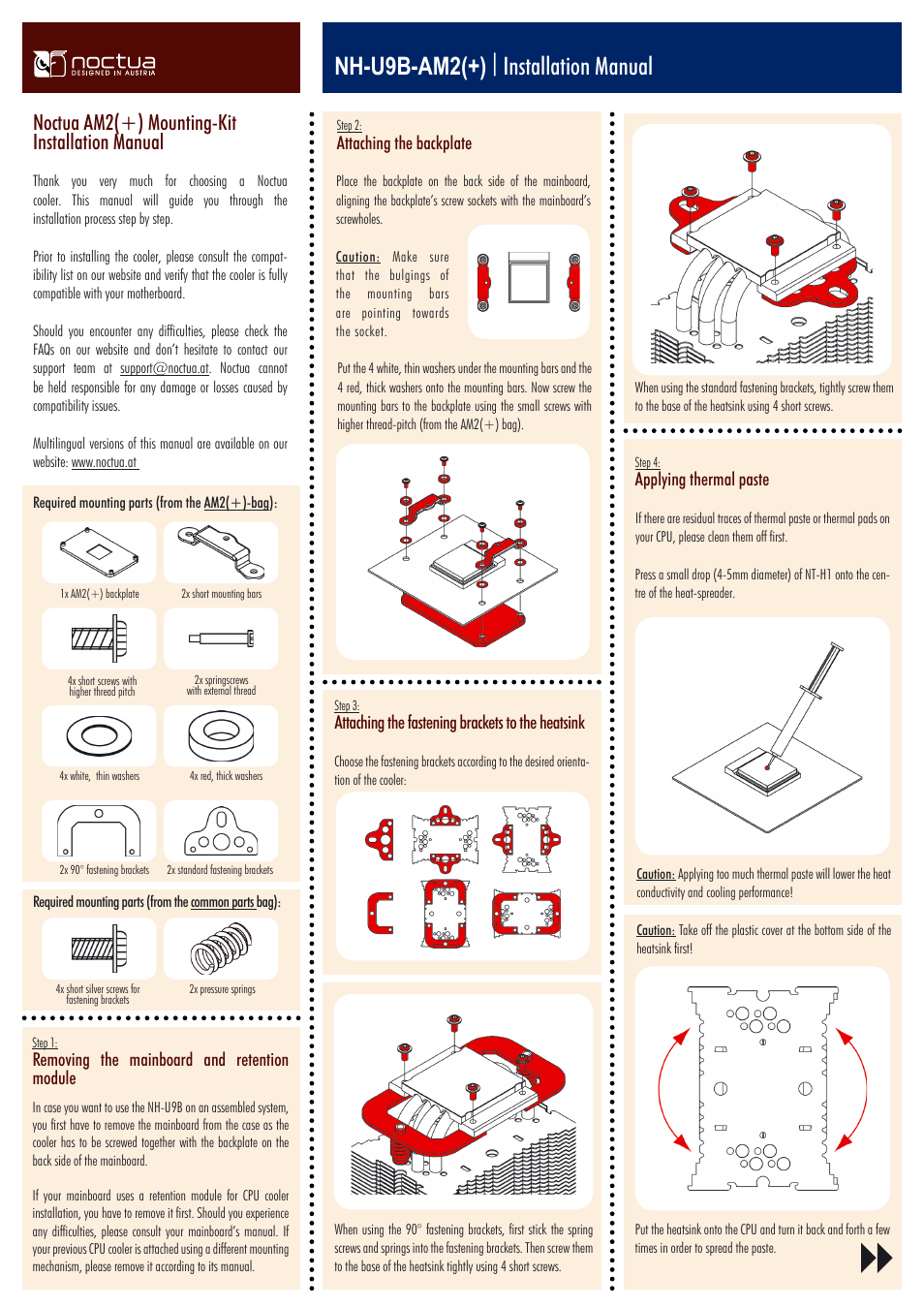 Nh-u9b-am2(+) | installation manual, Noctua am2(+) mounting-kit installation manual, Attaching the backplate | Attaching the fastening brackets to the heatsink, Applying thermal paste, Removing the mainboard and retention module | Noctua NH-U9B User Manual | Page 3 / 4