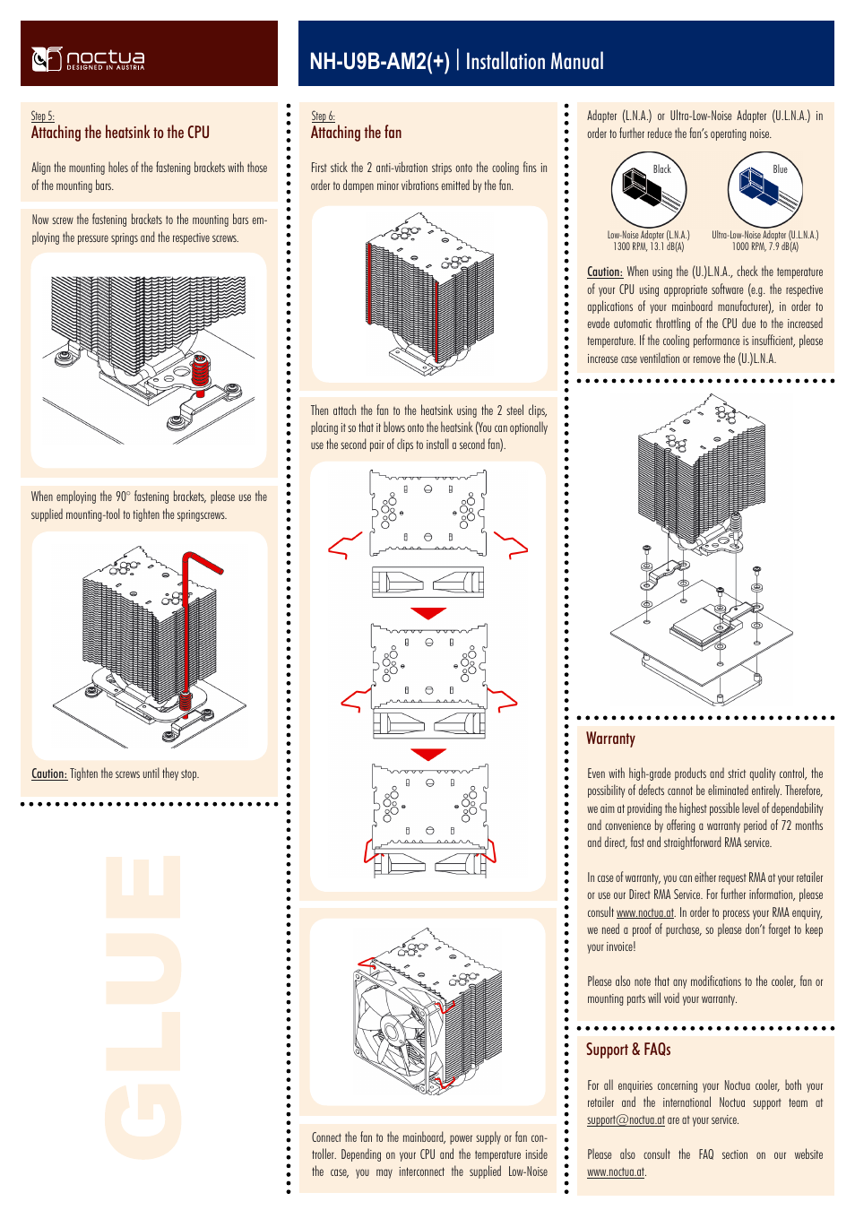 Nh-u9b-am2(+) | installation manual, Attaching the fan, Attaching the heatsink to the cpu | Warranty, Support & faqs | Noctua NH-U9B User Manual | Page 4 / 4