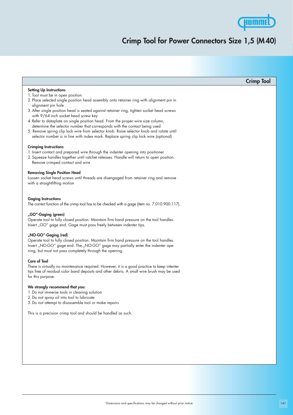 Crimp tool for power connectors size 1,5 (m 40), Crimp tool | Northern Connectors Hummel M40 Circular Power Connectors User Manual | Page 13 / 20