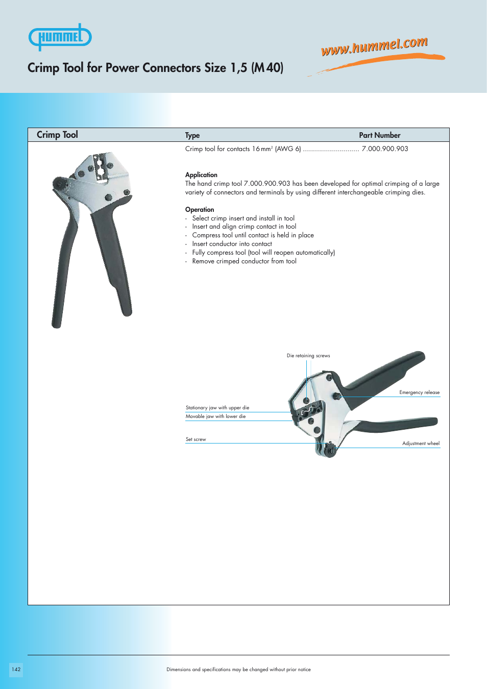 Crimp tool for power connectors size 1,5 (m 40), Crimp tool | Northern Connectors Hummel M40 Circular Power Connectors User Manual | Page 14 / 20